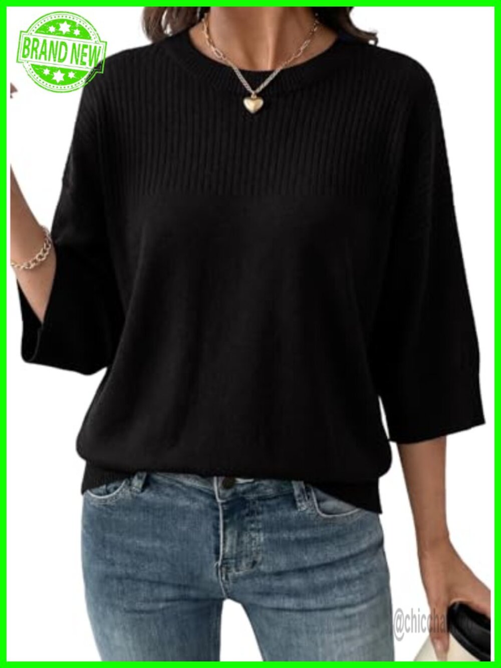 Womens 3/4 Sleeve Cropped Knit Sweater Pullover Oversized Crew Neck